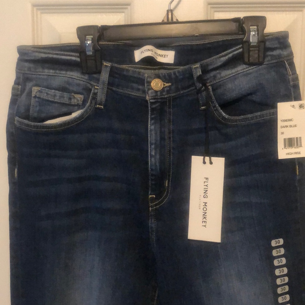 High rise, stretch denim, flying monkey jeans, women’s size 30